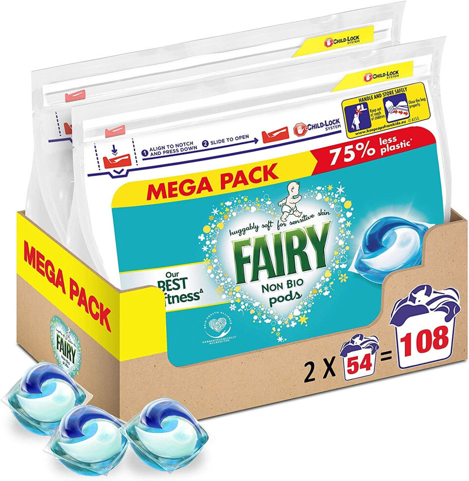 Fairy Non-Bio Pods, Washing Liquid Laundry Detergent Tablets/Capsules, 108 Washe