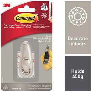3M Command Small Metal Wall Mounted Hook Brushed Nickel Finish 3M Command Small Metal Wall Mounted Hook Brushed Nickel Finish