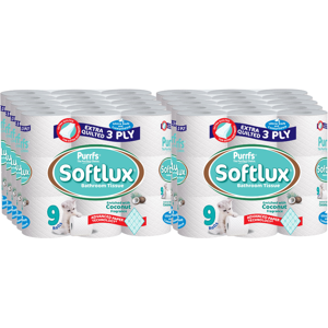 Unbranded 90 Rolls Softlux Purffs Coconut 3ply Bathroom Luxury Quilted Toilet Rolls (10*9p Unbranded 90 Rolls Softlux Purffs Coconut 3ply Bathroom Luxury Quilted Toilet Rolls (10*9p