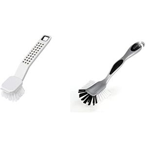 Addis Premium Soft Grip Washing Up Dish Brush With Scraper in White and Grey & 5 Addis Premium Soft Grip Washing Up Dish Brush With Scraper in White and Grey & 5