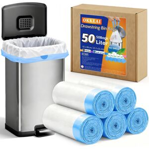 OKKEAI White Bin Bags 50L Drawstring Tall Kitchen Waste Bin Liners, 50 Counts He OKKEAI White Bin Bags 50L Drawstring Tall Kitchen Waste Bin Liners, 50 Counts He