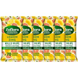 Zoflora Lemon Zing Large Biodegradeable Wipes, Antibacterial Cleaning, 6 x 70 Wi Zoflora Lemon Zing Large Biodegradeable Wipes, Antibacterial Cleaning, 6 x 70 Wi