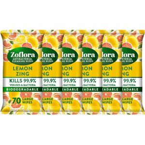 Zoflora Lemon Zing Large Biodegradeable Wipes, Antibacterial Cleaning, 6 x 70 Wi Zoflora Lemon Zing Large Biodegradeable Wipes, Antibacterial Cleaning, 6 x 70 Wi