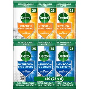 Dettol Big and Strong Kitchen and Bathroom Wipes, 150 Wipes (25 x Dettol Big and Strong Kitchen and Bathroom Wipes, 150 Wipes (25 x