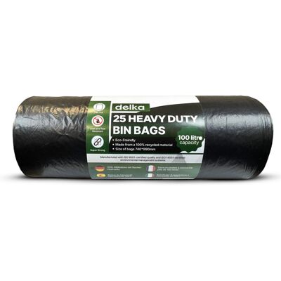 (100 L, 1 count (Pack of 25)) Delka Heavy Duty Black Bin Bags (100 L, 1 count (Pack of 25)) Delka Heavy Duty Black Bin Bags