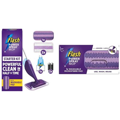 Flash Power Spray Mop Starter Kit Bundle Value Pack, 2 Washable Pads + 2 Disposa Flash Power Spray Mop Starter Kit Bundle Value Pack, 2 Washable Pads + 2 Disposa