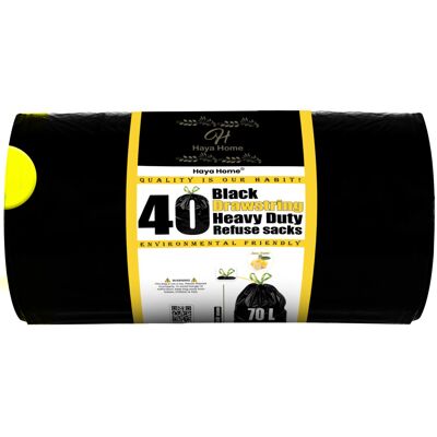 H Haya Home Haya Home 70L litre 40 Drawstring Bin Bags Heavy Duty Bin Liners Black Plastic R H Haya Home Haya Home 70L litre 40 Drawstring Bin Bags Heavy Duty Bin Liners Black Plastic R