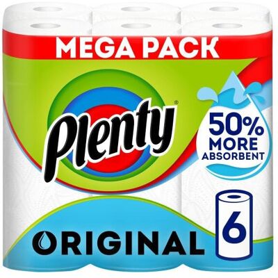 PLENTY Kitchen Towel, 6 White Rolls, 600 Sheets of Kitchen Roll, 2-Ply Tissue PLENTY Kitchen Towel, 6 White Rolls, 600 Sheets of Kitchen Roll, 2-Ply Tissue