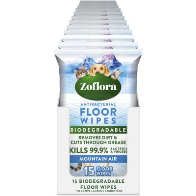 Zoflora Mountain Air Floor Wipes, 12 Pack x 15 Wipes Pack, Antibacterial & Multi-Surface Zoflora Mountain Air Floor Wipes, 12 Pack x 15 Wipes Pack, Antibacterial & Multi-Surface