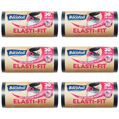 Bacofoil Elasti-Fit Bin Liners - 30L Recycled bin bags, 6 Rolls (72 Bags) - Leak Bacofoil Elasti-Fit Bin Liners - 30L Recycled bin bags, 6 Rolls (72 Bags) - Leak