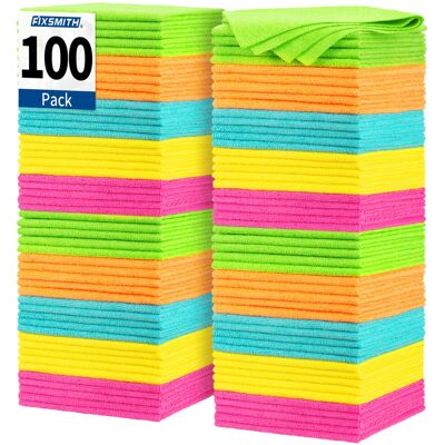 FIXSMITH Microfiber Cleaning Cloth, 100 Pack Shop Towels, Lint-Free Car Wash Tow FIXSMITH Microfiber Cleaning Cloth, 100 Pack Shop Towels, Lint-Free Car Wash Tow