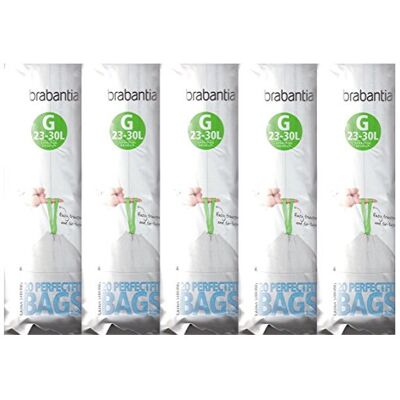 5 x Brabantia Pack Of 20 Extra Strong Perfect Fit G Size 23-30L Waste Bin Liners 5 x Brabantia Pack Of 20 Extra Strong Perfect Fit G Size 23-30L Waste Bin Liners