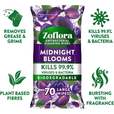 Zoflora Midnight Blooms Large Biodegradeable Wipes Antibacterial Clean Zoflora Midnight Blooms Large Biodegradeable Wipes Antibacterial Clean