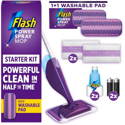 Flash Power Spray Mop Bundle Value Pack, Handle + 2 Washable Pads + 2 Disposable Flash Power Spray Mop Bundle Value Pack, Handle + 2 Washable Pads + 2 Disposable