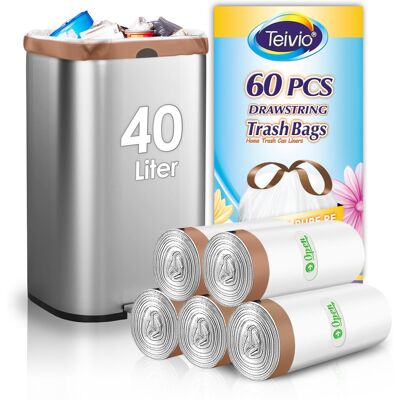Teivio 40 Liter Bin Liners with Tie Tap, 60 Counts Strong Swing Bin Bags with Dr Teivio 40 Liter Bin Liners with Tie Tap, 60 Counts Strong Swing Bin Bags with Dr