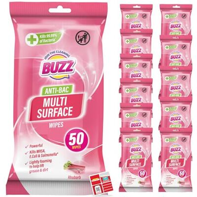 SOL Buzz 12pk Anti-Bac Multi Surface Wipes, 18cm x 19cm Rhubarb Scented Cleaning Wip SOL Buzz 12pk Anti-Bac Multi Surface Wipes, 18cm x 19cm Rhubarb Scented Cleaning Wip
