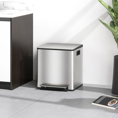 HOMCOM 2 x 15L Double Kitchen Bin, Pedal Bin Soft-Close Lid, Silver Tone HOMCOM 2 x 15L Double Kitchen Bin, Pedal Bin Soft-Close Lid, Silver Tone