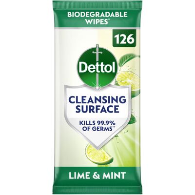 Dettol Antibacterial Cleansing Surface Biodegradable Wipes, Lime and Mint, 126 W Dettol Antibacterial Cleansing Surface Biodegradable Wipes, Lime and Mint, 126 W
