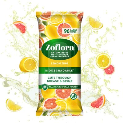Zoflora Lemon Zing Antibacterial Biodegradable Wipes, 1 x 96 Wipes, Multi-Surfac Zoflora Lemon Zing Antibacterial Biodegradable Wipes, 1 x 96 Wipes, Multi-Surfac