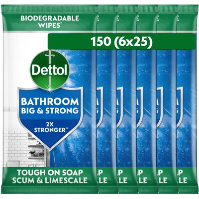 Dettol Big and Strong Bathroom Wipes, 150 Wipes (25 x 6pck), Disinfectant, Home Dettol Big and Strong Bathroom Wipes, 150 Wipes (25 x 6pck), Disinfectant, Home