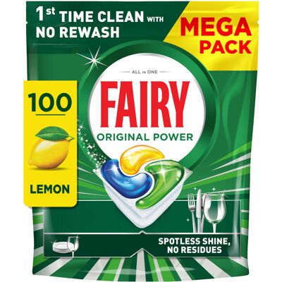 Fairy Original Power Dishwasher Tablets Lemon, 100 Capsules, 1st Time Cleaning A Fairy Original Power Dishwasher Tablets Lemon, 100 Capsules, 1st Time Cleaning A