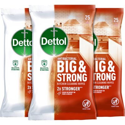 Dettol Antibacterial Biodegradable Kitchen Wipes, Pack of 3, Big & Strong, 25 Co Dettol Antibacterial Biodegradable Kitchen Wipes, Pack of 3, Big & Strong, 25 Co
