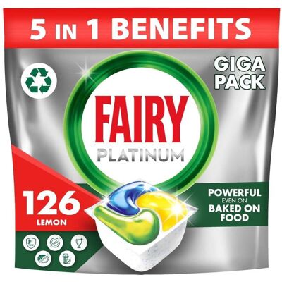 Fairy Platinum Dishwasher Tablets, Lemon, 126 Capsules, Powerful Even on Tough C Fairy Platinum Dishwasher Tablets, Lemon, 126 Capsules, Powerful Even on Tough C