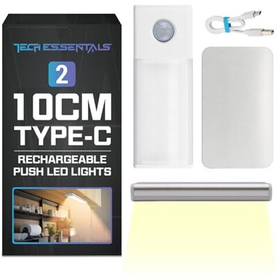 SOL 2pk 10cm Type C Rechargeable Push LED Light Wireless Motion Sensor Strip Li SOL 2pk 10cm Type C Rechargeable Push LED Light Wireless Motion Sensor Strip Li