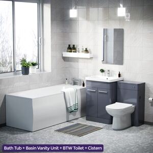 NES Home 3 Piece Bathroom Suite Steel Grey 600mm Vanity, WC, BTW Toilet & Straight Bath NES Home 3 Piece Bathroom Suite Steel Grey 600mm Vanity, WC, BTW Toilet & Straight Bath