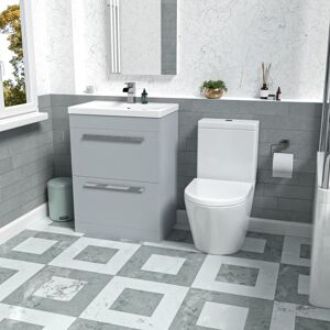 Nes Home 600mm Matte Grey Drawers Vanity Basin Unit & Round Close Coupled Toilet Nes Home 600mm Matte Grey Drawers Vanity Basin Unit & Round Close Coupled Toilet