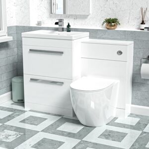 Nes Home 1100mm White Basin Vanity Cabinet, WC Unit & Round Back To Wall Toilet Nes Home 1100mm White Basin Vanity Cabinet, WC Unit & Round Back To Wall Toilet