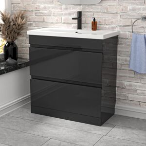 Nes Home Dark Grey 800mm PVC 2 Drawer Vanity Cabinet & Basin Sink Floorstanding Nes Home Dark Grey 800mm PVC 2 Drawer Vanity Cabinet & Basin Sink Floorstanding