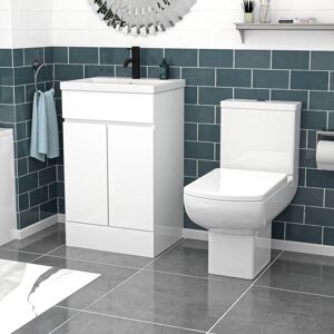 Nes Home 500mm Handleless White Basin Vanity Square Rimless Close Coupled Toilet Nes Home 500mm Handleless White Basin Vanity Square Rimless Close Coupled Toilet