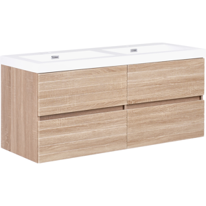 Beliani Wall Mounted Double Basin Vanity Unit URUCU 120 cm Light Brown Beliani Wall Mounted Double Basin Vanity Unit URUCU 120 cm Light Brown