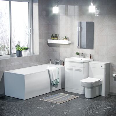 NES Home Afern 600mm Basin Vanity Cabinet, WC Unit, D Shape Toilet & Bath Bathroom Suite NES Home Afern 600mm Basin Vanity Cabinet, WC Unit, D Shape Toilet & Bath Bathroom Suite