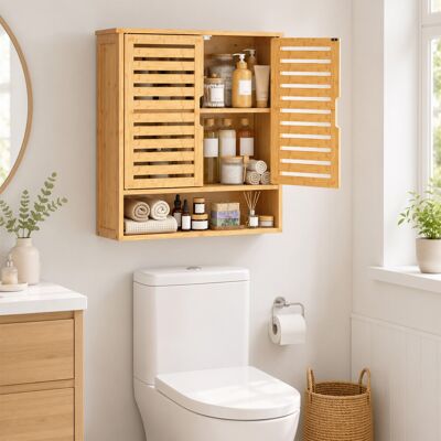 HOMCOM Wall Mounted Bathroom Cabinet with 2 Louvered Doors, Open Shelf HOMCOM Wall Mounted Bathroom Cabinet with 2 Louvered Doors, Open Shelf