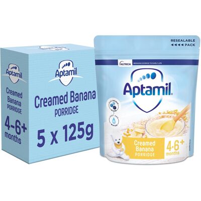 Aptamil Creamed Banana Porridge Baby Food Cereal, 4-6+ Months, 125g (Pack of 5) Aptamil Creamed Banana Porridge Baby Food Cereal, 4-6+ Months, 125g (Pack of 5)