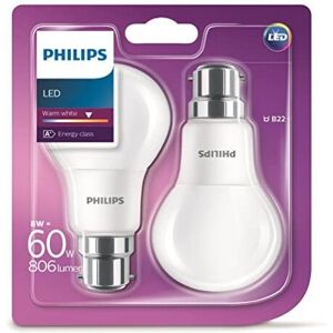 Philips LED B22 Frosted Light Bulbs, 8 W (60 W) - Warm White, Pack of 2 Philips LED B22 Frosted Light Bulbs, 8 W (60 W) - Warm White, Pack of 2