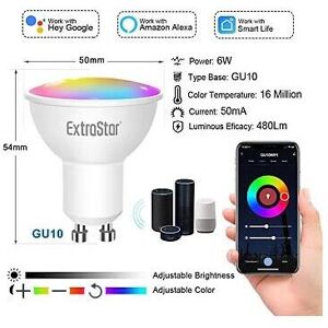 (6 pcs) EXTRASTAR WiFi Smart GU10 6W Dimmable RGB 480LM (6 pcs) EXTRASTAR WiFi Smart GU10 6W Dimmable RGB 480LM