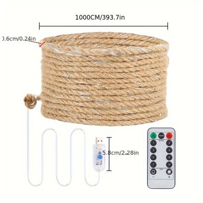 XYLFLY (Warm Light Remote Control, 10m) 1pc USB Remote-Controlled Hemp Rope Light, Vi XYLFLY (Warm Light Remote Control, 10m) 1pc USB Remote-Controlled Hemp Rope Light, Vi