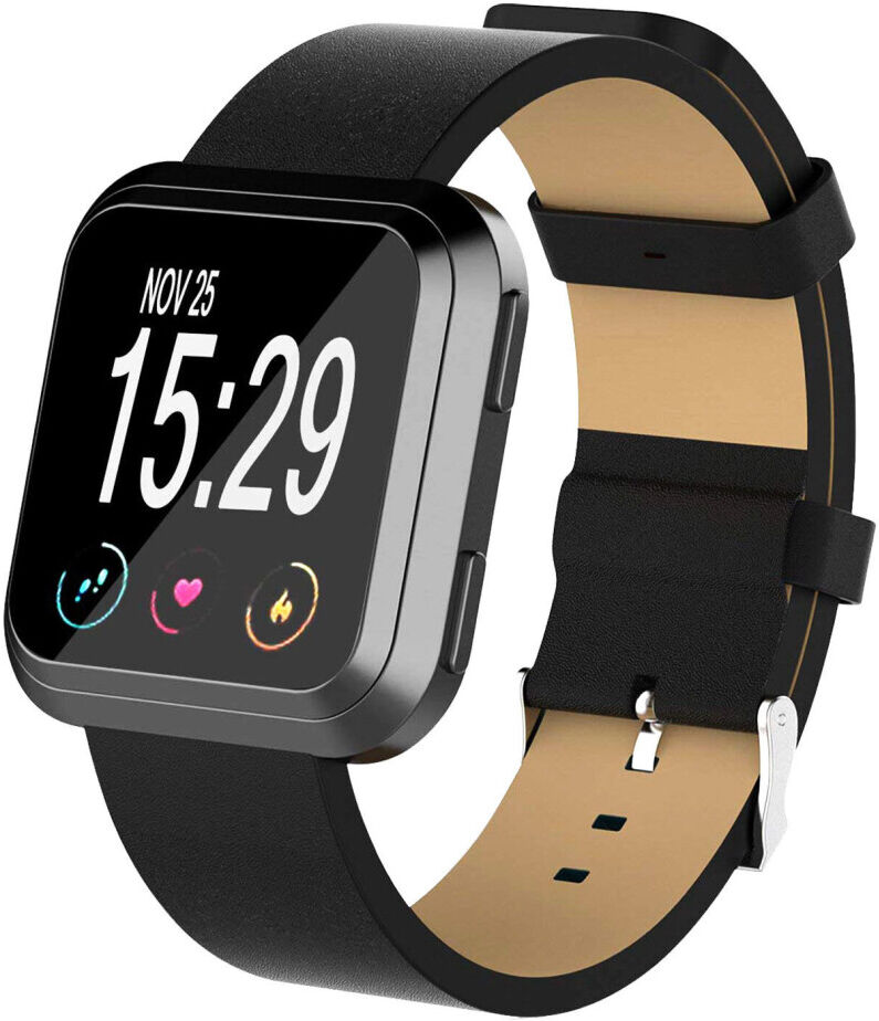 Hellfire Trading (Black) For Fitbit Versa 2/Versa/ Lite Genuine Leather Band Replacement Wristban