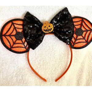 Disney Minnie Mouse Black sequence glitter pumpkin web orange ears headband Disney Minnie Mouse Black sequence glitter pumpkin web orange ears headband