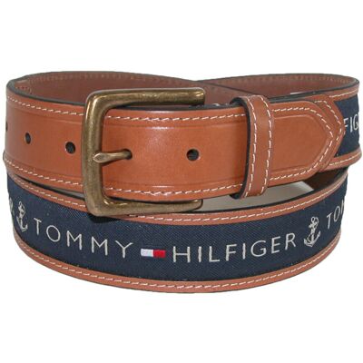 Tommy Hilfiger Men's Leather Casual Belt with Fabric Inlay Tommy Hilfiger Men's Leather Casual Belt with Fabric Inlay