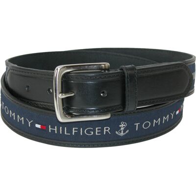 Tommy Hilfiger Men's Leather Casual Belt with Fabric Inlay Tommy Hilfiger Men's Leather Casual Belt with Fabric Inlay