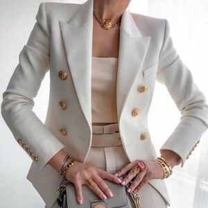 DINAMR (White, L) Womens Doublebreasted Blazer Coat Long Sleeve Lapel Formal Slim Jacke