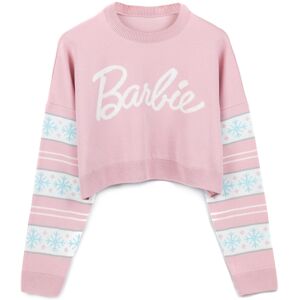 (L) Barbie Cropped Christmas Jumper Womens Snowflakes Fairisle Pink Knitted Swea (L) Barbie Cropped Christmas Jumper Womens Snowflakes Fairisle Pink Knitted Swea