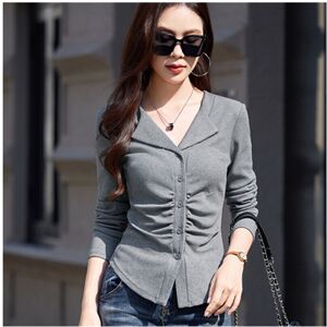 Maxpower (Light Gray, XL) #0438 Spring Autumn Short T Shirt Women Turn-down Collar Button Maxpower (Light Gray, XL) #0438 Spring Autumn Short T Shirt Women Turn-down Collar Button