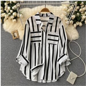 Maxpower (black, L) Spring Summer Striped Blouse Fashion Turn-down Collar Long Sleeve But Maxpower (black, L) Spring Summer Striped Blouse Fashion Turn-down Collar Long Sleeve But
