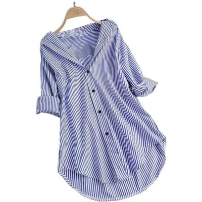 Maxpower (Blue, 4XL) Women Tunic Shirt Striped Long-sleeves V Neck Mid Long Turn-down Col Maxpower (Blue, 4XL) Women Tunic Shirt Striped Long-sleeves V Neck Mid Long Turn-down Col