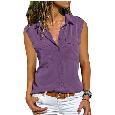 Maxpower (Purple, XXL) Women Casual Solid Sleeveless Blouse Turn Down Pockets Buttons Lap Maxpower (Purple, XXL) Women Casual Solid Sleeveless Blouse Turn Down Pockets Buttons Lap
